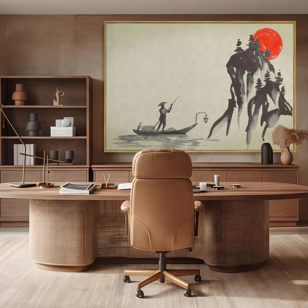 Tablou canvas cu pictura minimalista cu pescar si soare rosu, in rama de aluminiu auriu, pe perete intr-un birou